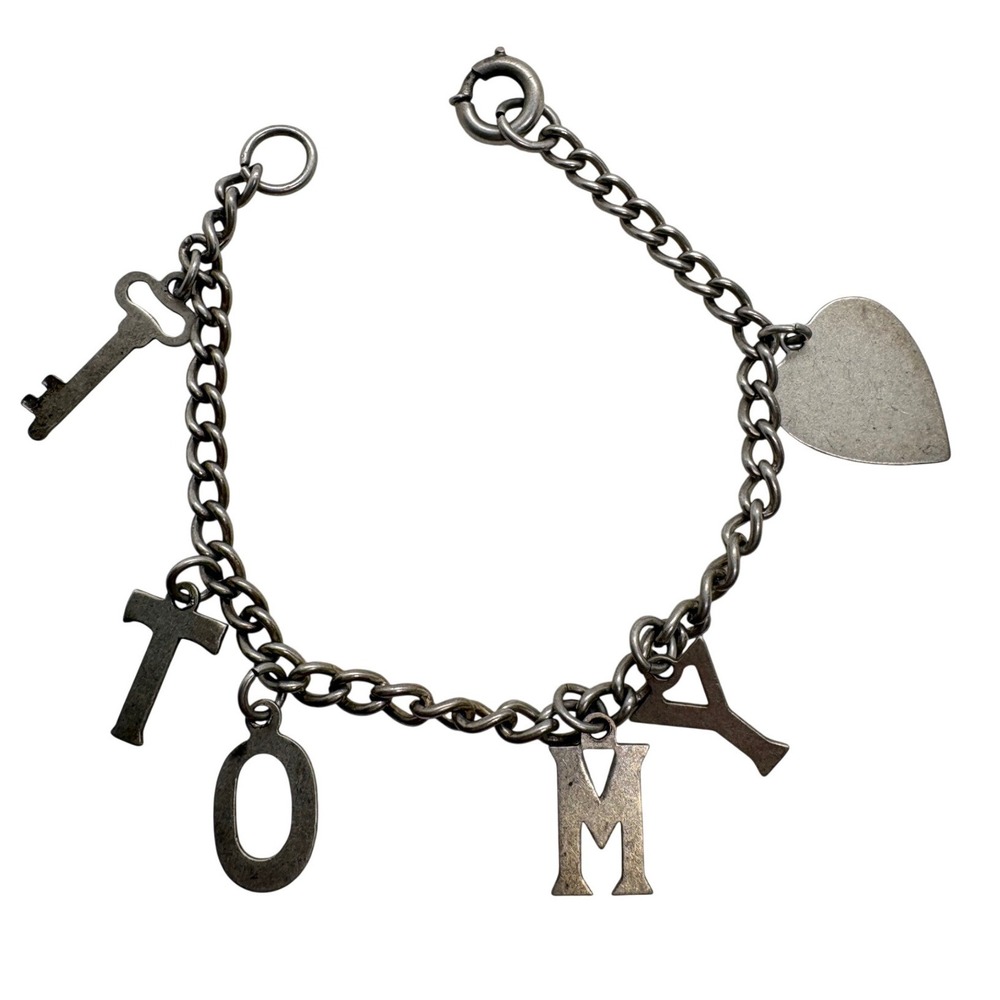 Vintage SKS Sterling Heart TOMY Name Key Charm Bracelet Silver Tone 7 Inch